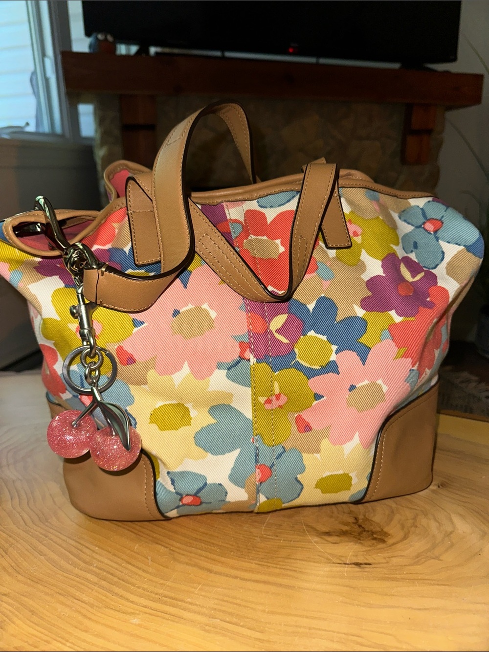 Coach Floral Canvas Tote with Tan Leather Trim